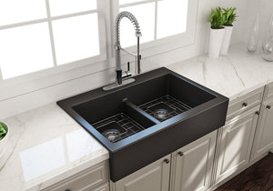 Nuova 34' x 24' x 10' Double-Basin Farmhouse Apron Front Kitchen Sink in Matte Black