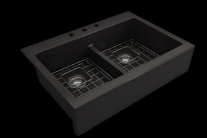 Nuova 34' x 24' x 10' Double-Basin Farmhouse Apron Front Kitchen Sink in Matte Black