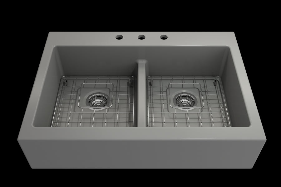 Nuova 34' x 24' x 10' Double-Basin Farmhouse Apron Front Kitchen Sink in Matte Gray