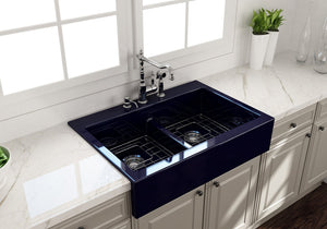Nuova 34' x 24' x 10' Double-Basin Farmhouse Apron Front Kitchen Sink in Sapphire Blue