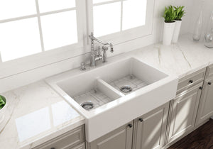 Nuova 34' x 24' x 10' Double-Basin Farmhouse Apron Front Kitchen Sink in White