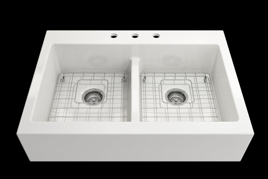 Nuova 34' x 24' x 10' Double-Basin Farmhouse Apron Front Kitchen Sink in White