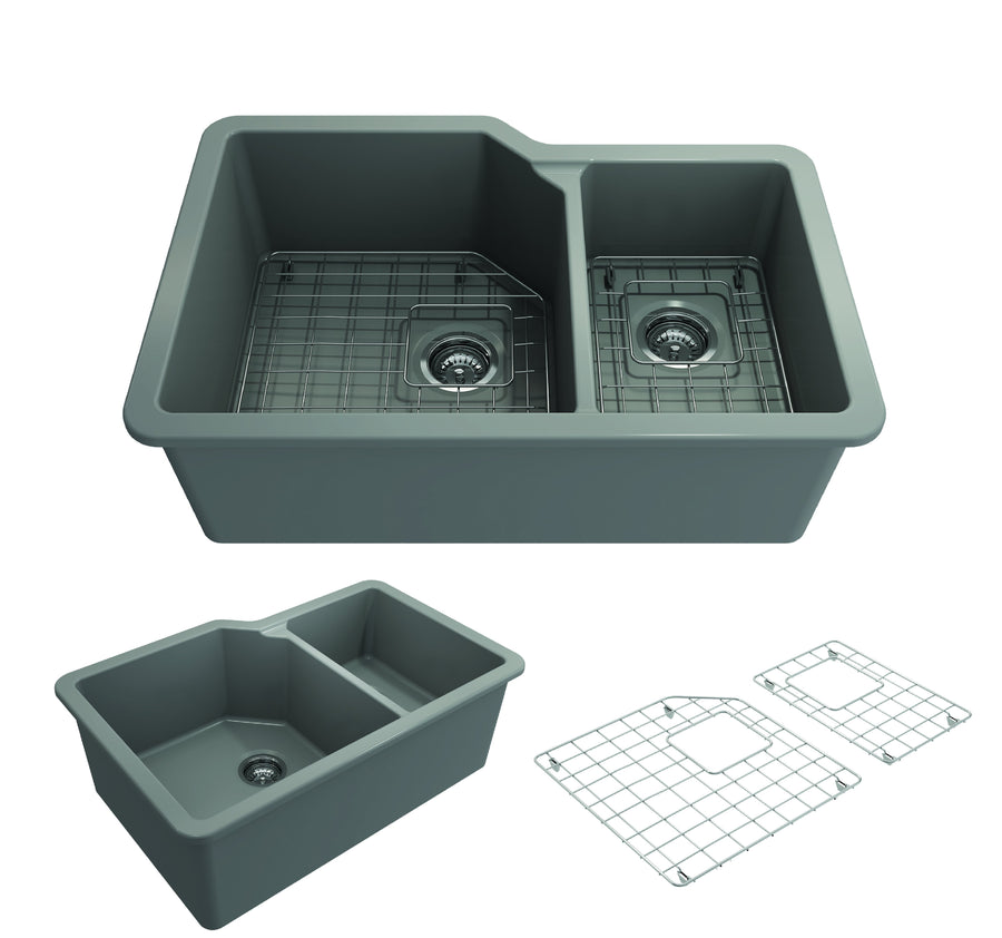 Sotto 33' x 22' x 10' Double-Basin Undermount Kitchen Sink in Matte Gray