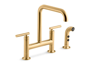 Purist Bridge Kitchen Faucet in Vibrant Brushed Moderne Brass with Side Spray