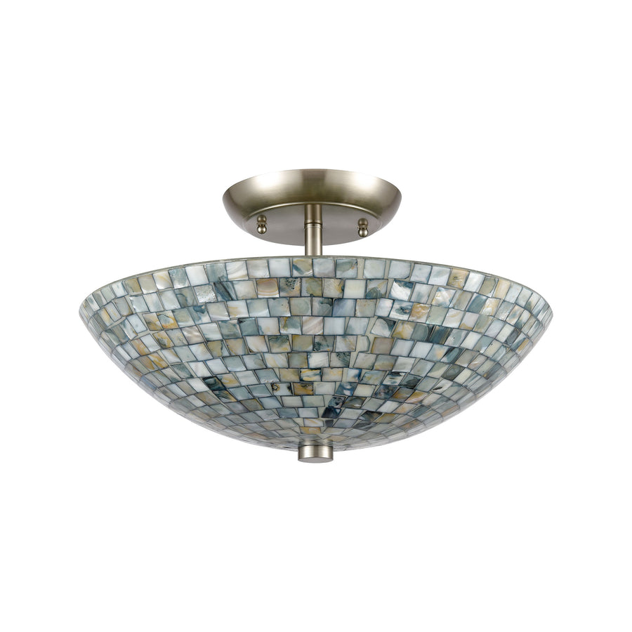 Capri 16' 3 Light Semi Flush Mount in Ivory Capiz Shade & Satin Nickel