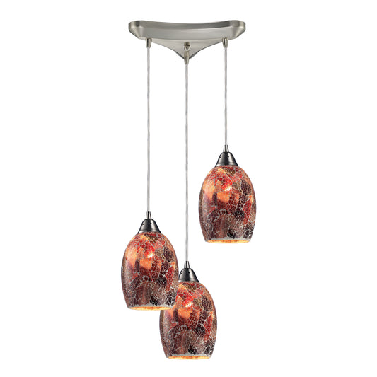 Avalon 10" 3 Light Mini Pendant in Multi Red Glass & Satin Nickel