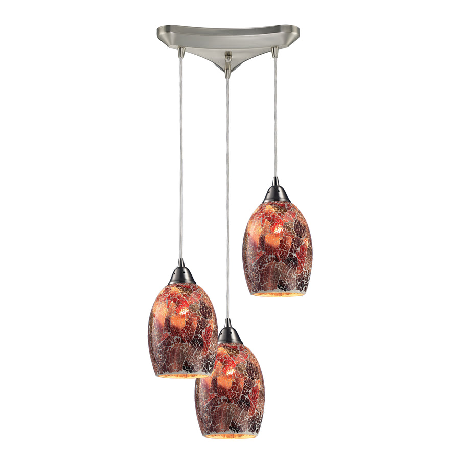 Avalon 10' 3 Light Mini Pendant in Multi Red Glass & Satin Nickel