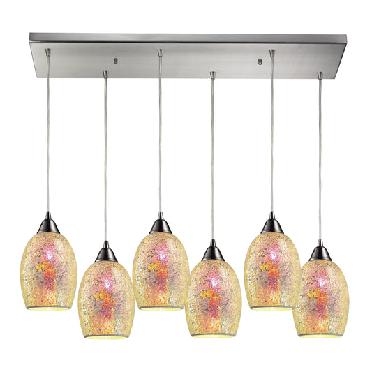 Avalon 30" 6 Light Mini Pendant in Multi Pink Glass & Satin Nickel