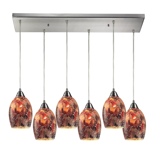 Avalon 30" 6 Light Mini Pendant inMulti Red Glass & Satin Nickel