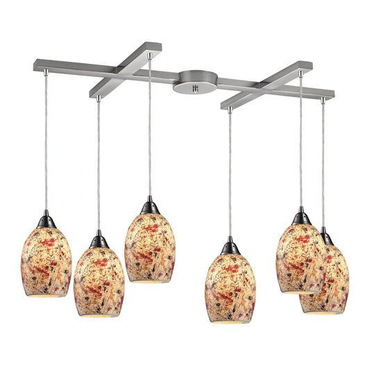 Avalon 33" 6 Light Mini Pendant in Multi Orange Glass & Satin Nickel