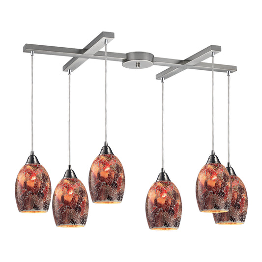 Avalon 33" 6 Light Mini Pendant in Multi Red Glass & Satin Nickel