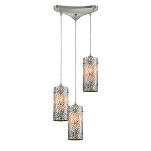 Capri 12' 3 Light Mini Pendant in Gray Capiz Shade & Satin Nickel