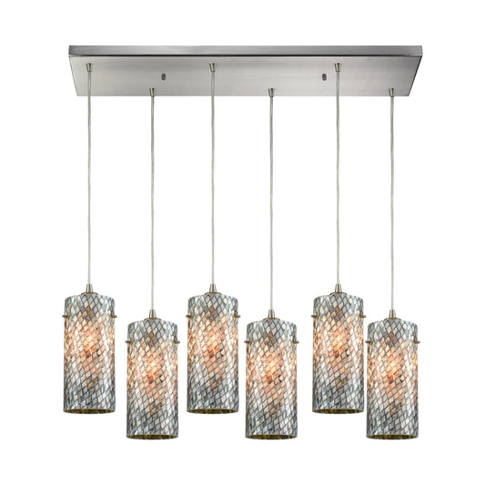 Capri 32" 6 Light Mini Pendant in Gray Capiz Shade & Satin Nickel