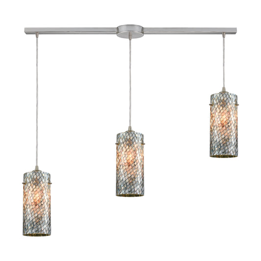 Capri 38" 3 Light Mini Pendant in Gray Capiz Shade & Satin Nickel