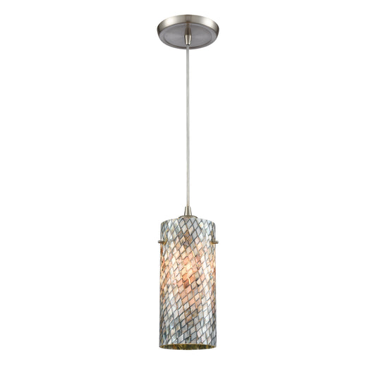 Capri 5" 1 Light Mini Pendant in Gray Capiz Shade & Satin Nickel