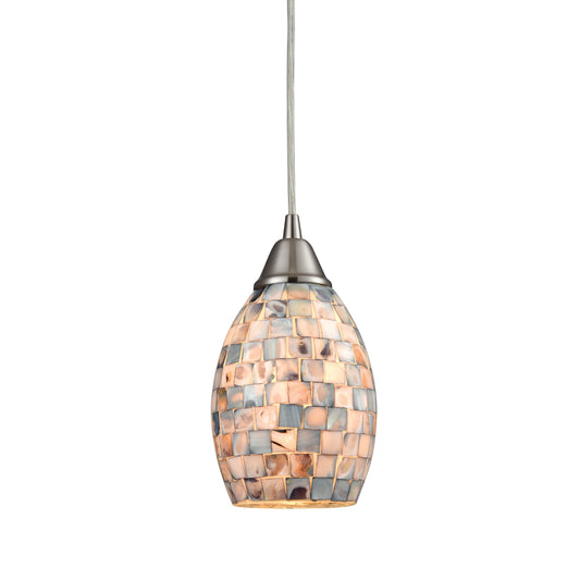 Capri 5" 1 Light LED Mini Pendant in Gray Capiz Shade & Satin Nickel