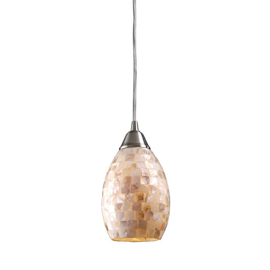 Capri 5" 1 Light Mini Pendant in Capiz Shell Cylinder Shade & Satin Nickel