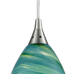 Collanino 5' 1 Light Mini Pendant in Aqua Swirl Glass & Satin Nickel