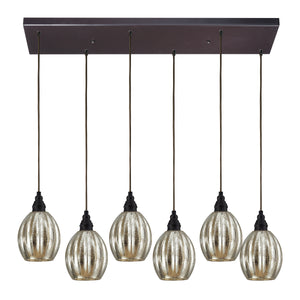 Danica 30' 6 Light Scalloped Mini Pendant in Silver Mercury Glass & Oiled Bronze