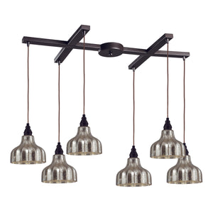 Danica 33' 6 Light Mini Pendant in Silver Mercury Glass & Oiled Bronze