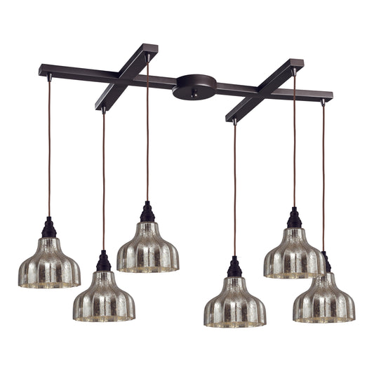 Danica 33" 6 Light Mini Pendant in Silver Mercury Glass & Oiled Bronze