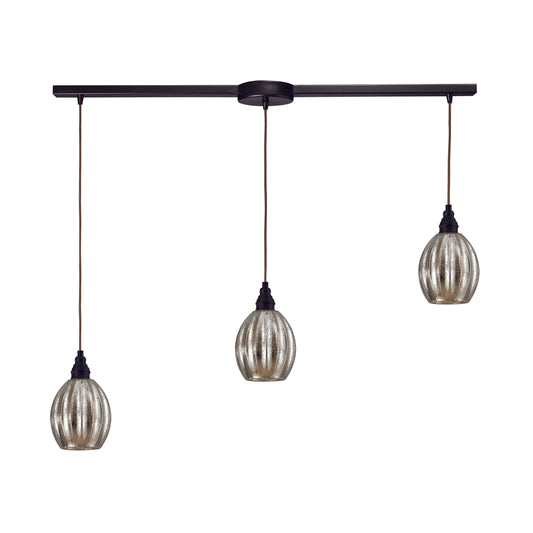 Danica 36" 3 Light Scalloped Mini Pendant in Silver Mercury Glass & Oiled Bronze