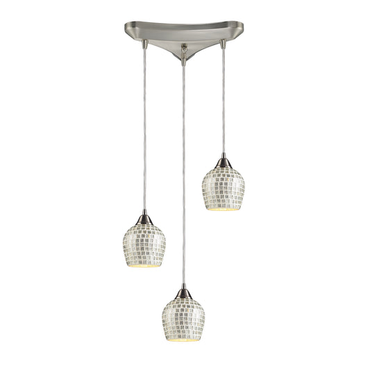 Fusion 10" 3 Light Mini Pendant in Silver Mosaic Glass & Satin Nickel