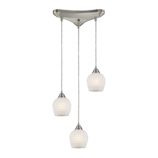 Fusion 10" 3 Light Mini Pendant in White Mosaic Glass & Satin Nickel