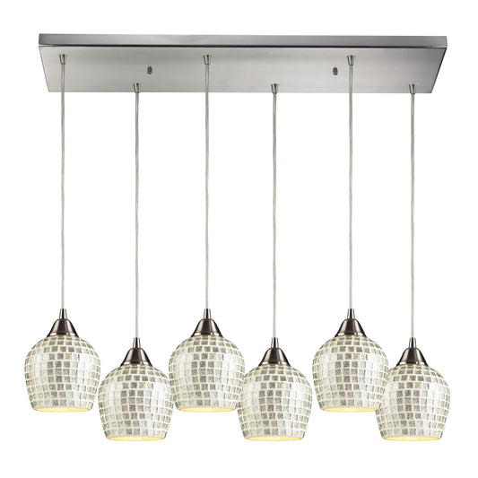 Fusion 30" 6 Light Mini Pendant in Silver Mosaic Glass & Satin Nickel