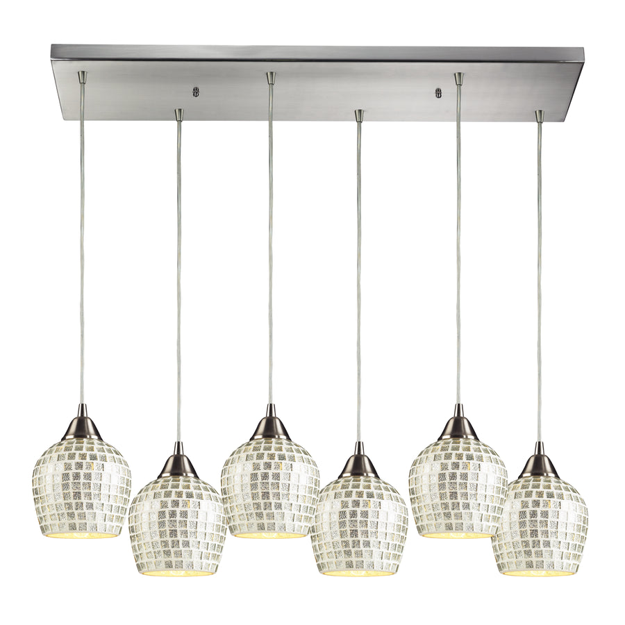 Fusion 30' 6 Light Mini Pendant in Silver Mosaic Glass & Satin Nickel