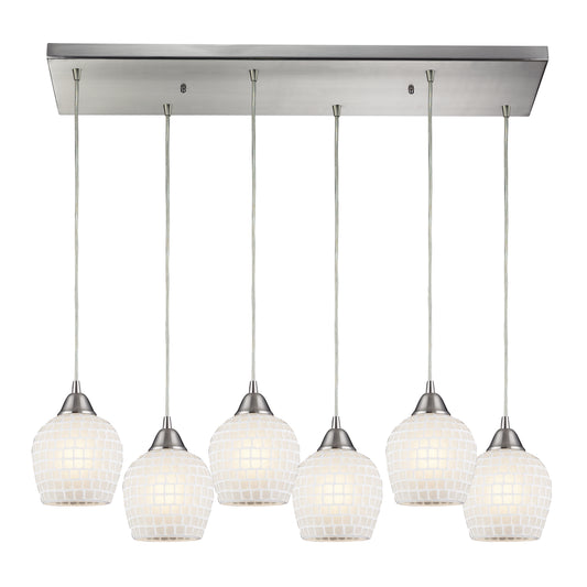 Fusion 30" 6 Light Mini Pendant in White Mosaic Glass & Satin Nickel