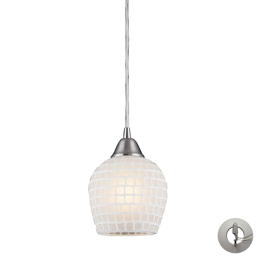 Fusion 5' 1 Light Mini Pendant in White Mosaic Glass & Satin Nickel with Adapter Kit