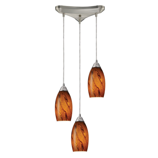 Galaxy 10" 3 Light Mini Pendant in Brown Glass & Satin Nickel