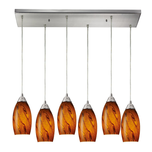 Galaxy 30" 6 Light Mini Pendant in Brown Glass & Satin Nickel