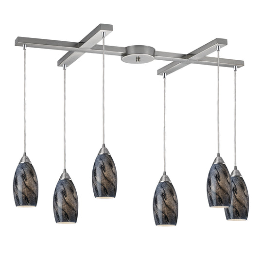 Galaxy 33" 6 Light Mini Pendant in Smoke Glass & Satin Nickel