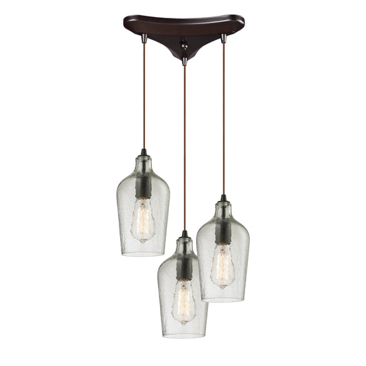 Hammered Glass 10" 3 Light Mini Pendant in Clear Hammered Glass & Oil Rubbed Bronze