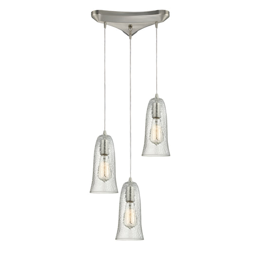 Hammered Glass 10" 3 Light Mini Pendant in Clear Hammered Glass & Satin Nickel