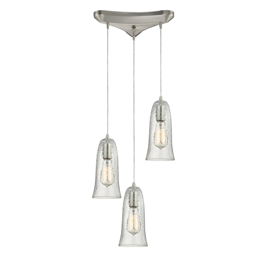 Hammered Glass 10' 3 Light Mini Pendant in Clear Hammered Glass & Satin Nickel