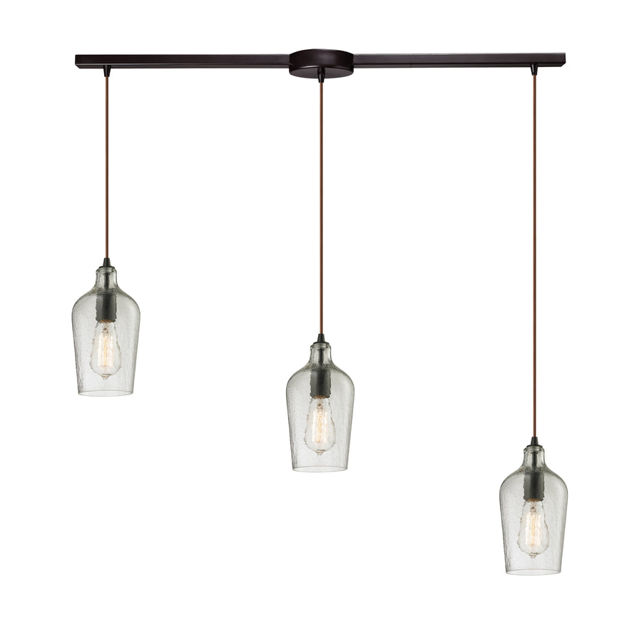 Hammered Glass 36' 3 Light Mini Pendant in Clear Hammered Glass & Oil Rubbed Bronze