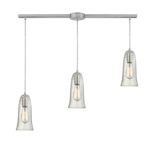 Hammered Glass 36" 3 Light Mini Pendant in Clear Hammered Glass & Satin Nickel