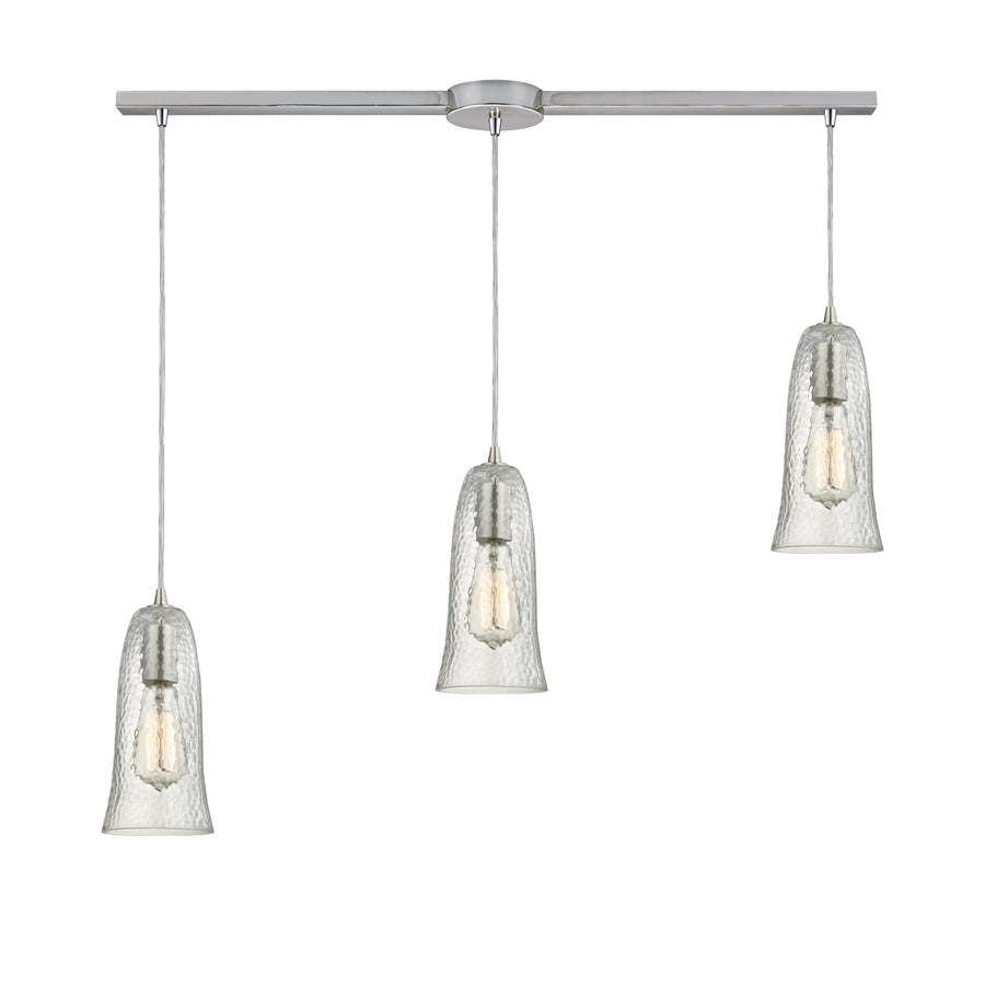 Hammered Glass 36' 3 Light Mini Pendant in Clear Hammered Glass & Satin Nickel