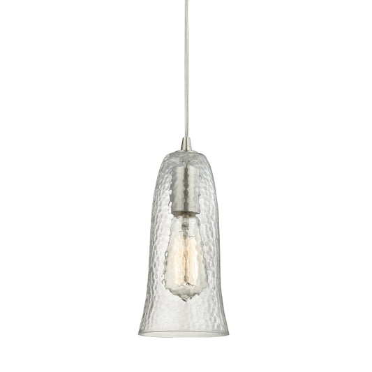 Hammered Glass 5" 1 Light Mini Pendant in Clear Hammered Glass & Satin Nickel