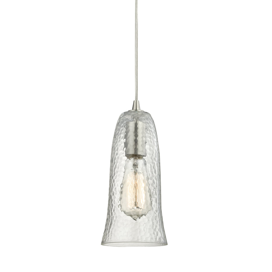 Hammered Glass 5' 1 Light Mini Pendant in Clear Hammered Glass & Satin Nickel