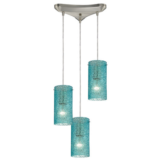 Ice Fragments 10" 3 Light Mini Pendant in Aqua Glass & Satin Nickel