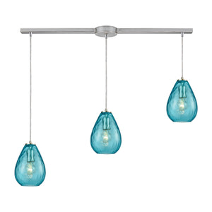 Lagoon 36' 3 Light Multi Level Mini Pendant in Aqua Water Glass & Satin Nickel