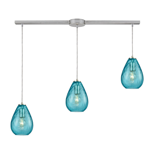 Lagoon 36" 3 Light Multi Level Mini Pendant in Aqua Water Glass & Satin Nickel