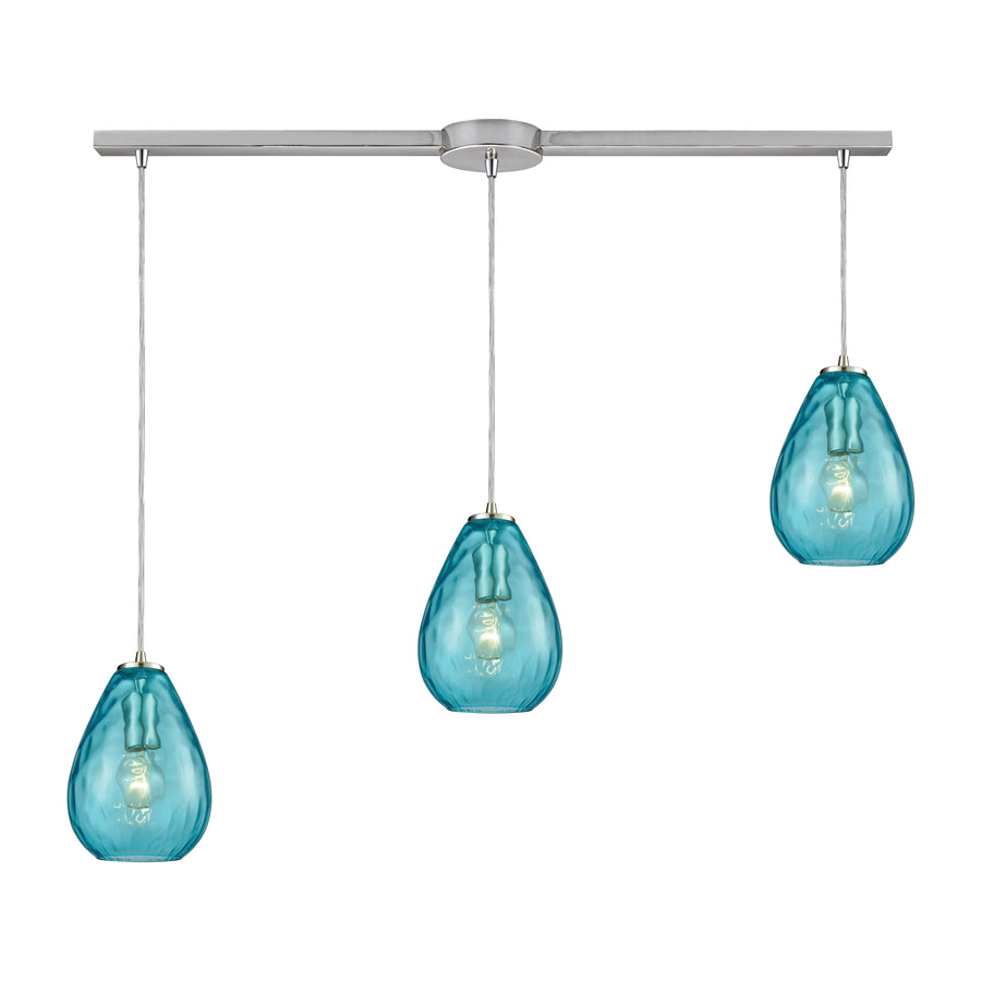 Lagoon 36' 3 Light Multi Level Mini Pendant in Aqua Water Glass & Satin Nickel