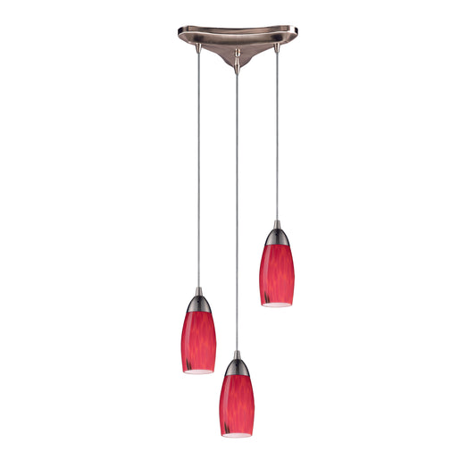 Milan 10" 3 Light Mini Pendant in Fire Red Glass & Satin Nickel