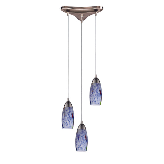 Milan 10" 3 Light Mini Pendant in Starburst Blue Glass & Satin Nickel