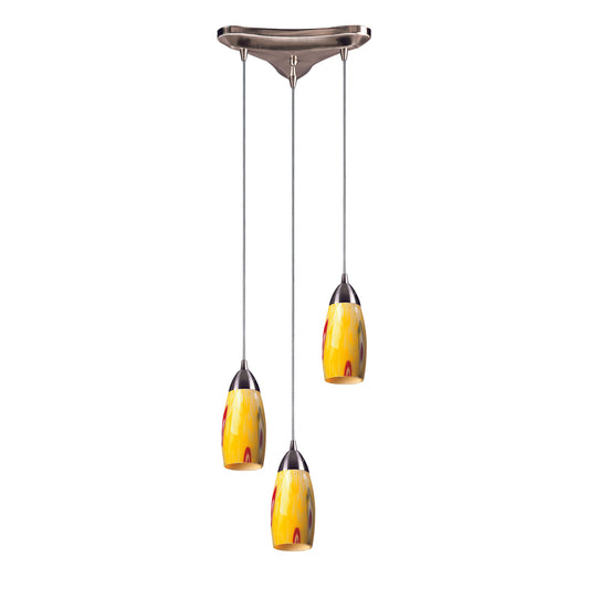 Milan 10" 3 Light Mini Pendant in Yellow Blaze Glass & Satin Nickel